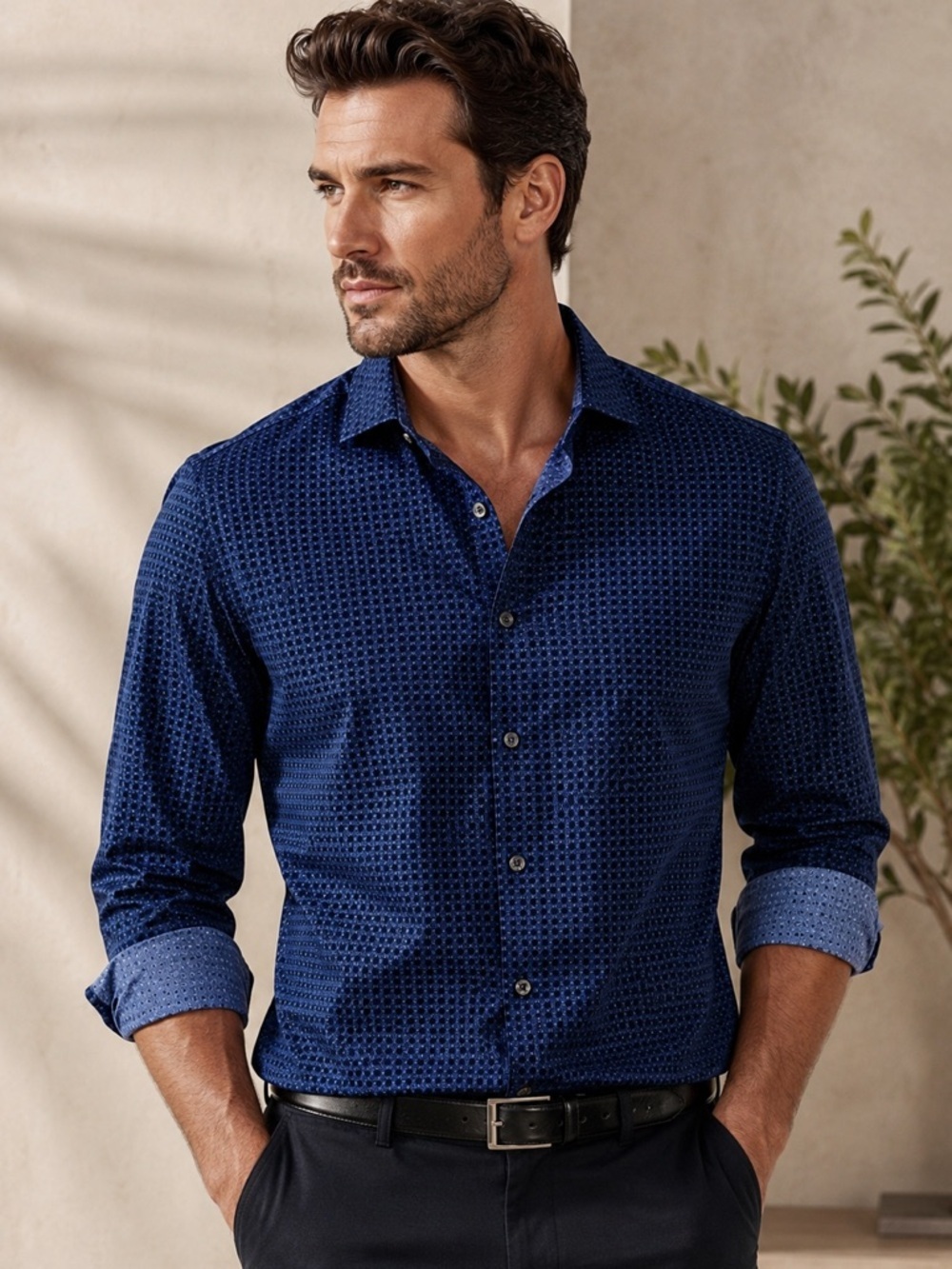 Express Navy Blue Polka Dot Button-Up Dress Shirt
